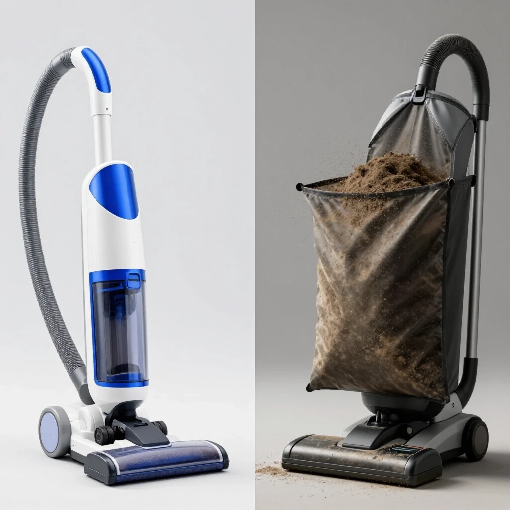 A striking comparison of a modern bagless vacuum and a traditional vacuum with an overflowing dust bag, highlighting allergy management.