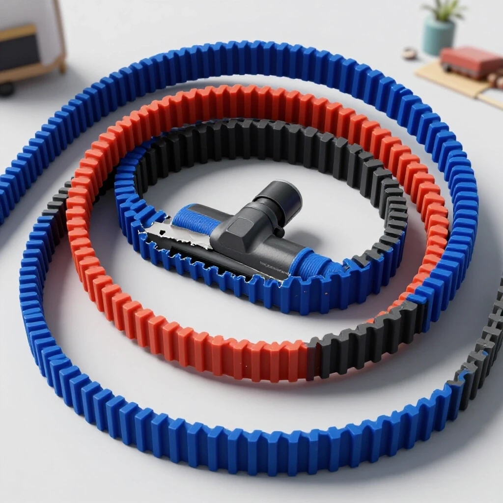 A vibrant vacuum cleaner belt coils around a frayed, broken belt, highlighting the contrast in a bright studio setting.