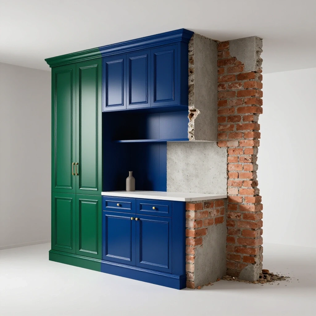 A visually striking split view of a partially renovated room showing modern luxury finishes on one side and raw materials on the other, highlighting home renovation contrasts.