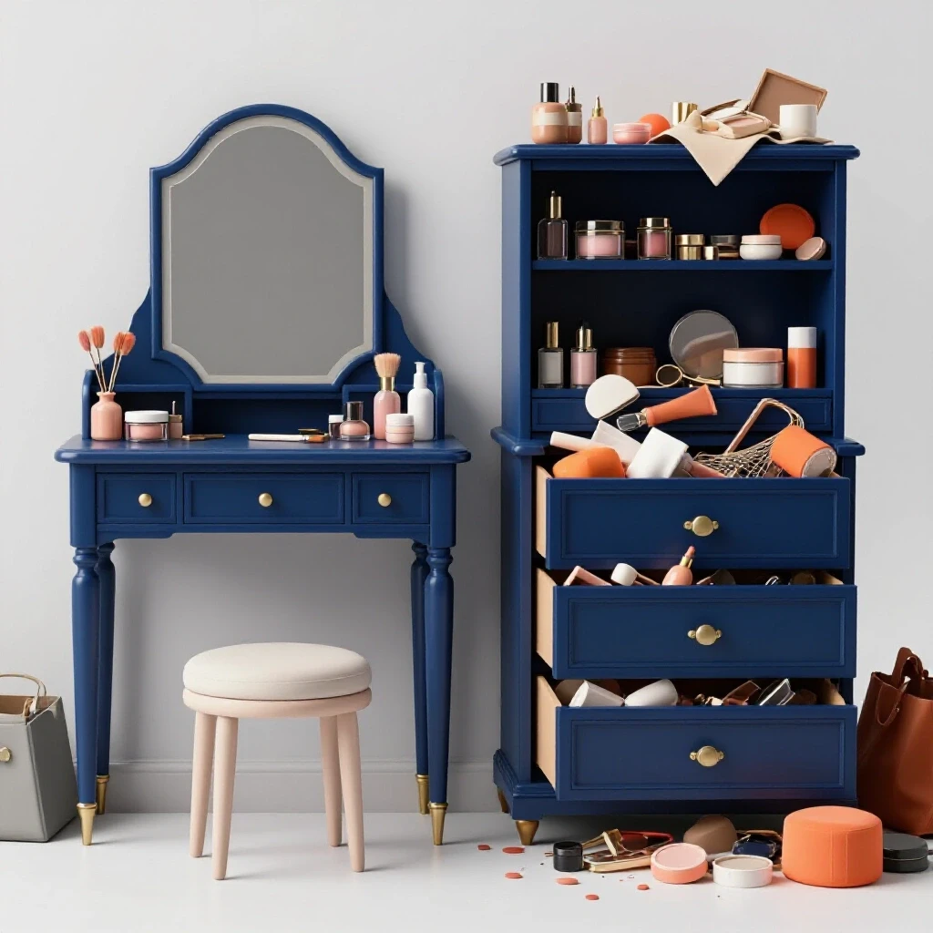 A striking visualization of an organized vanity contrasted with a cluttered vanity, showcasing different storage approaches.