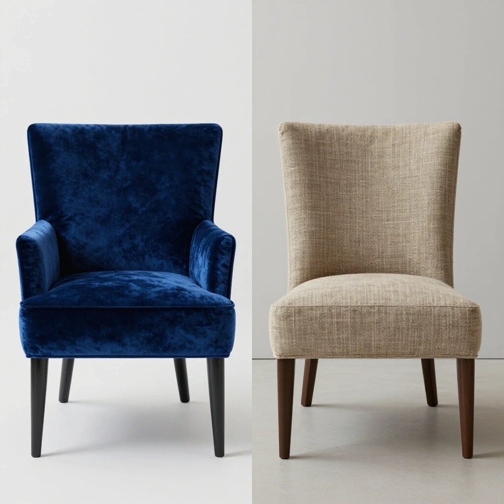 A comparison image of a plush royal blue velvet chair and a textured earthy-toned linen chair in a bright setting.