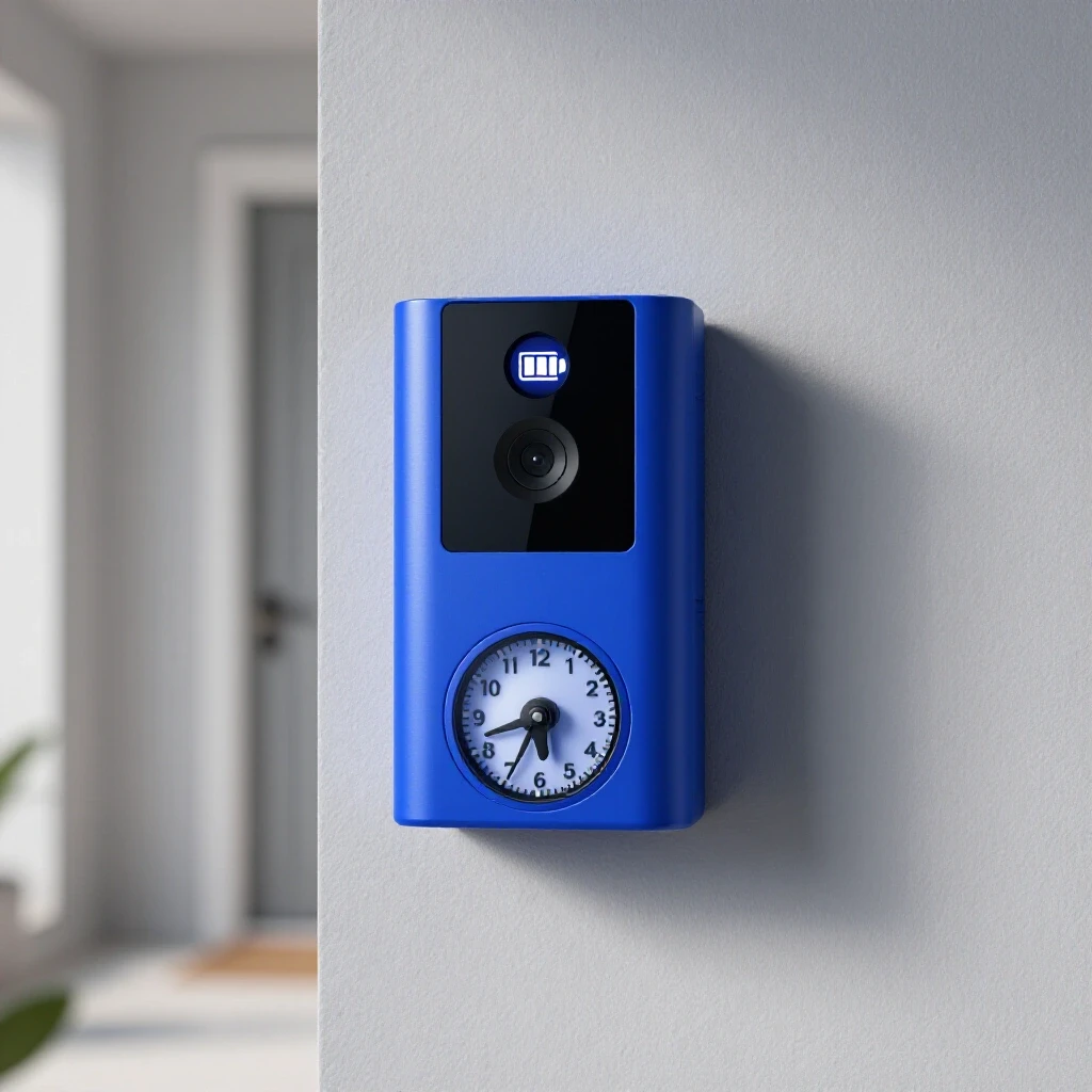 A striking image of a video doorbell with a visible battery icon, surrounded by a melting clock, suggesting time passing.