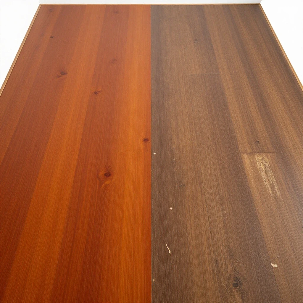 A comparison image showing a vibrant vinyl plank floor on one side and a worn, damaged vinyl plank floor on the other, highlighting durability differences.