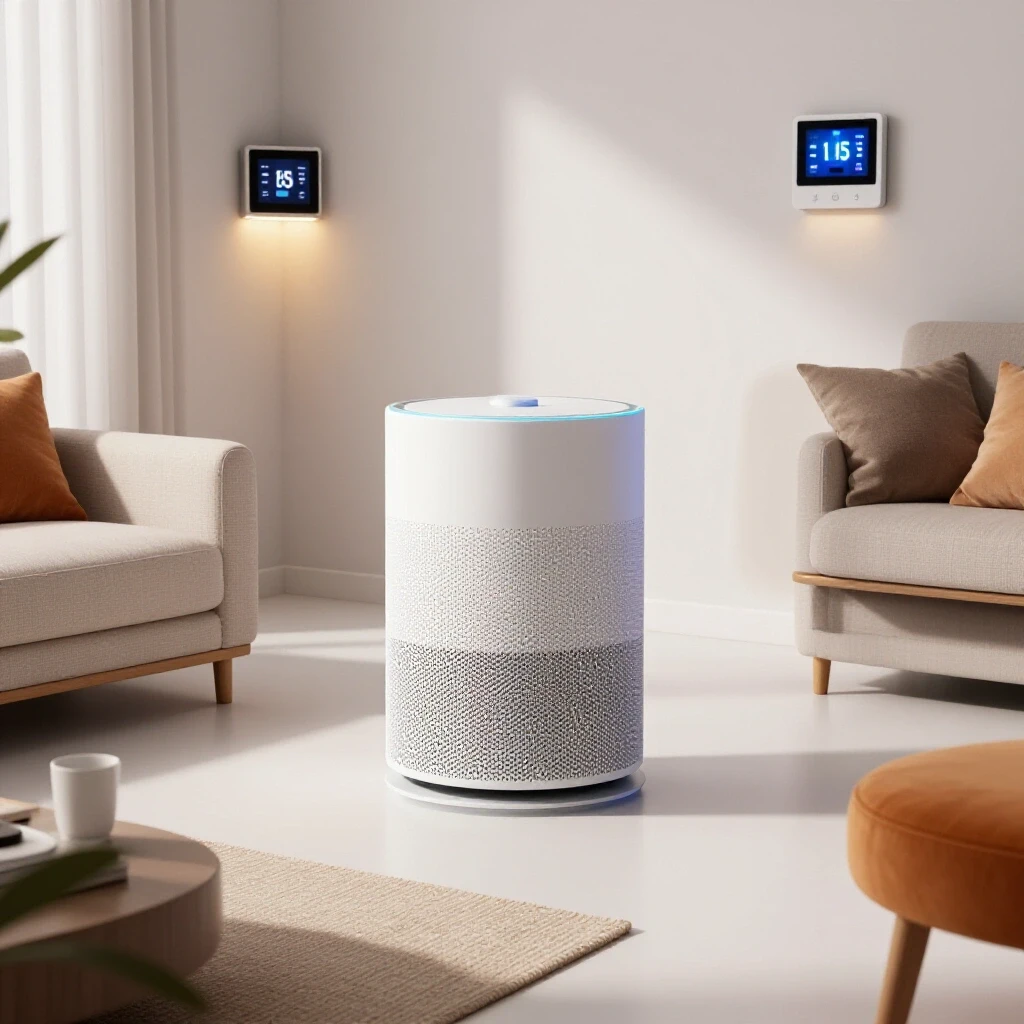 A stylish living room showcasing a voice assistant device surrounded by smart home technology, exuding modern comfort.