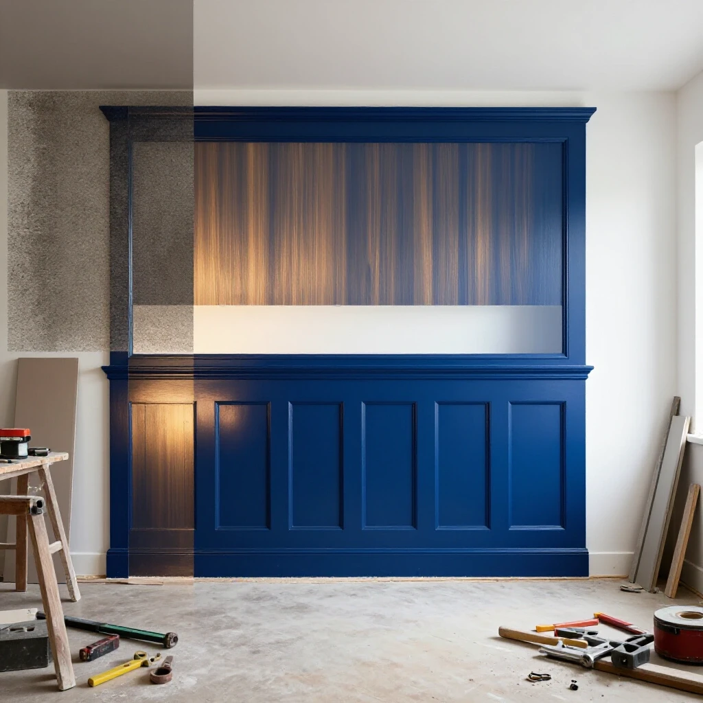 A split-image showing a refined wainscoting wall next to a chaotic DIY setup filled with scattered tools and materials.