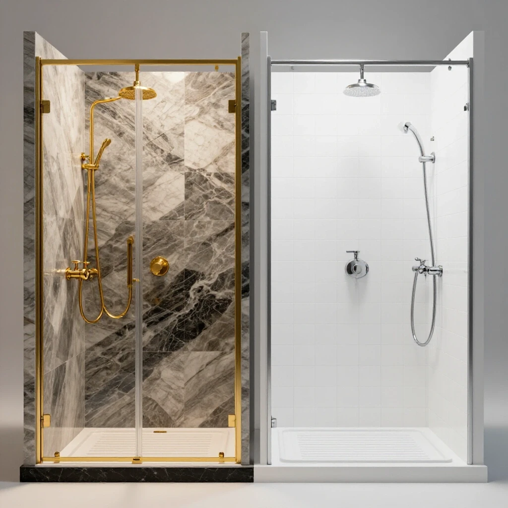 Split view of a luxurious walk-in shower and a simple budget shower, highlighting design contrasts.