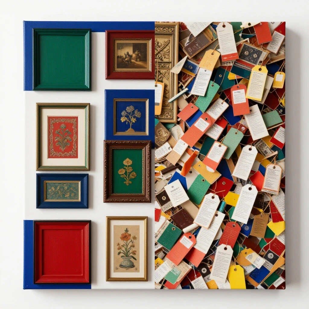A divided wall art budget concept showcasing an elegant wall of art pieces versus a chaotic display of art supplies, representing budgeting in home decor.