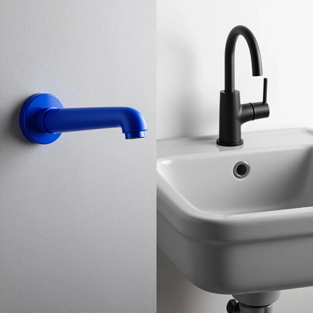 A split-image featuring a modern wall-mounted faucet on the left and a traditional bulky sink on the right, showcasing different design styles.