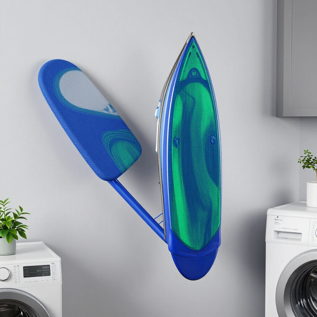 Modern wall-mounted ironing board in a well-decorated laundry room, with bright lighting and vibrant colors