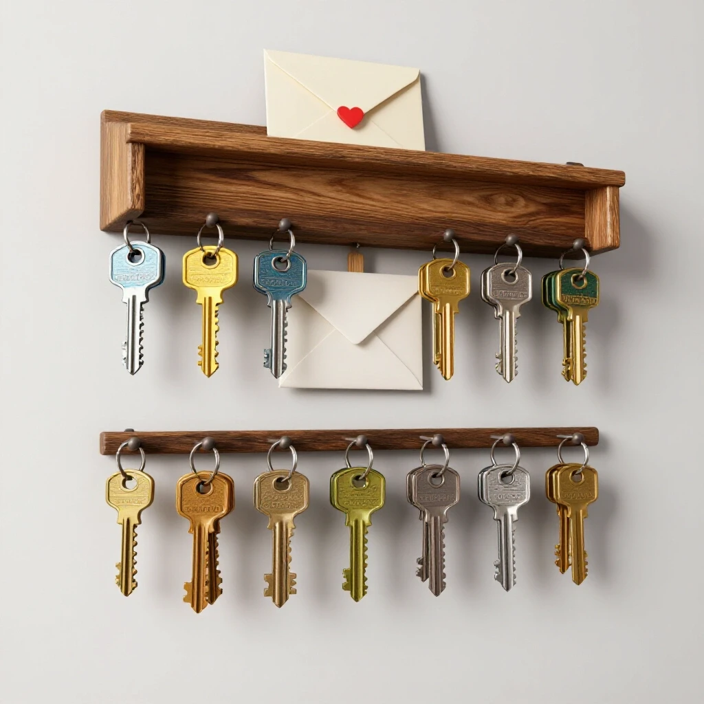 A beautifully crafted wall-mounted key and mail rack featuring vibrant keys and stylish envelopes against a cozy backdrop.