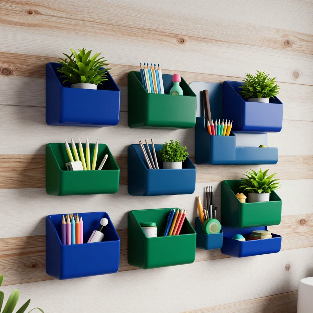 Colorful wall-mounted organizer filled with stationery, plants, and decor against a rustic wooden backdrop.