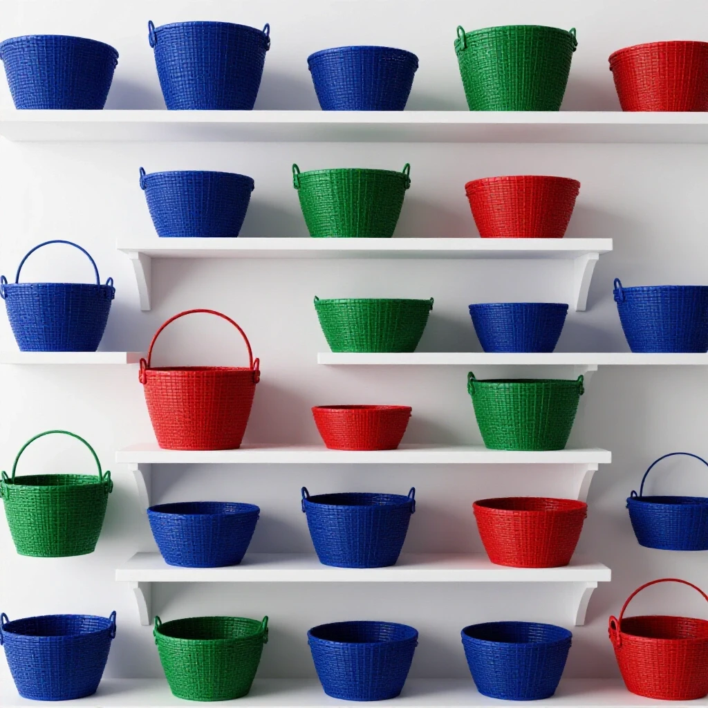 A beautifully crafted wall shelf featuring vibrant baskets in bold colors against a bright studio background.