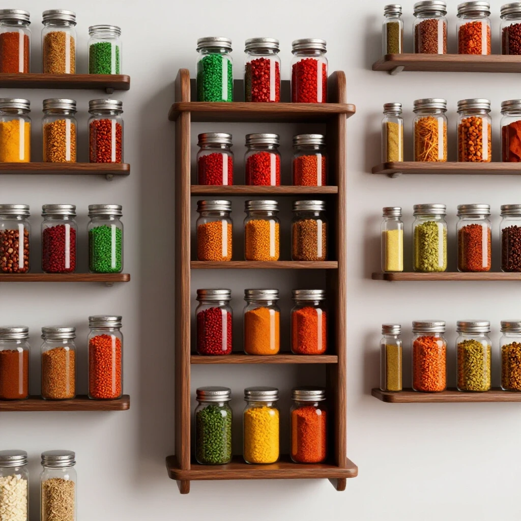 A multi-tiered wall spice rack filled with vibrant spice jars against a clean, bright kitchen backdrop.