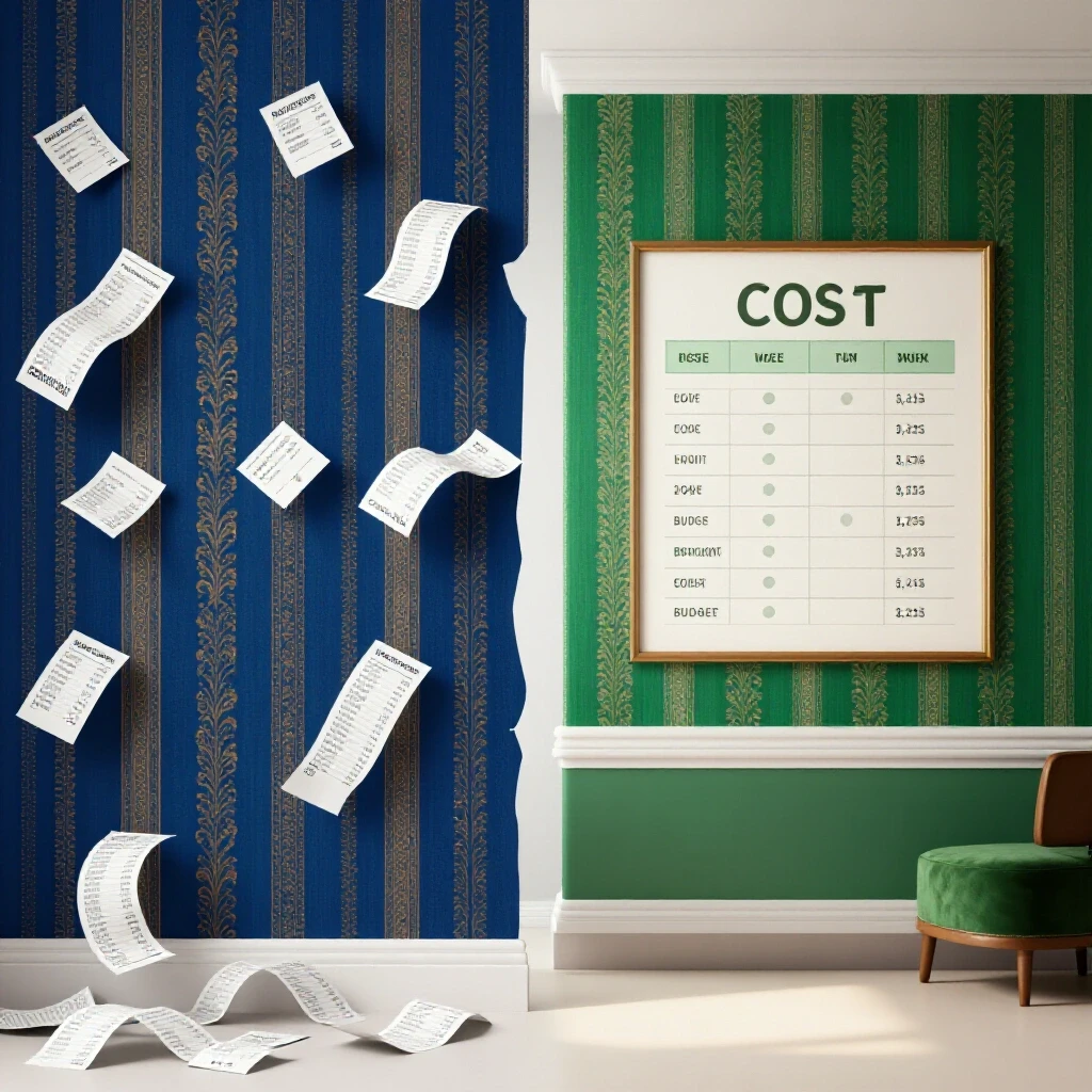 A split image showing budgeting mistakes with crumpled wallpaper and receipts on one side, and a beautifully decorated room with organized costs on the other.
