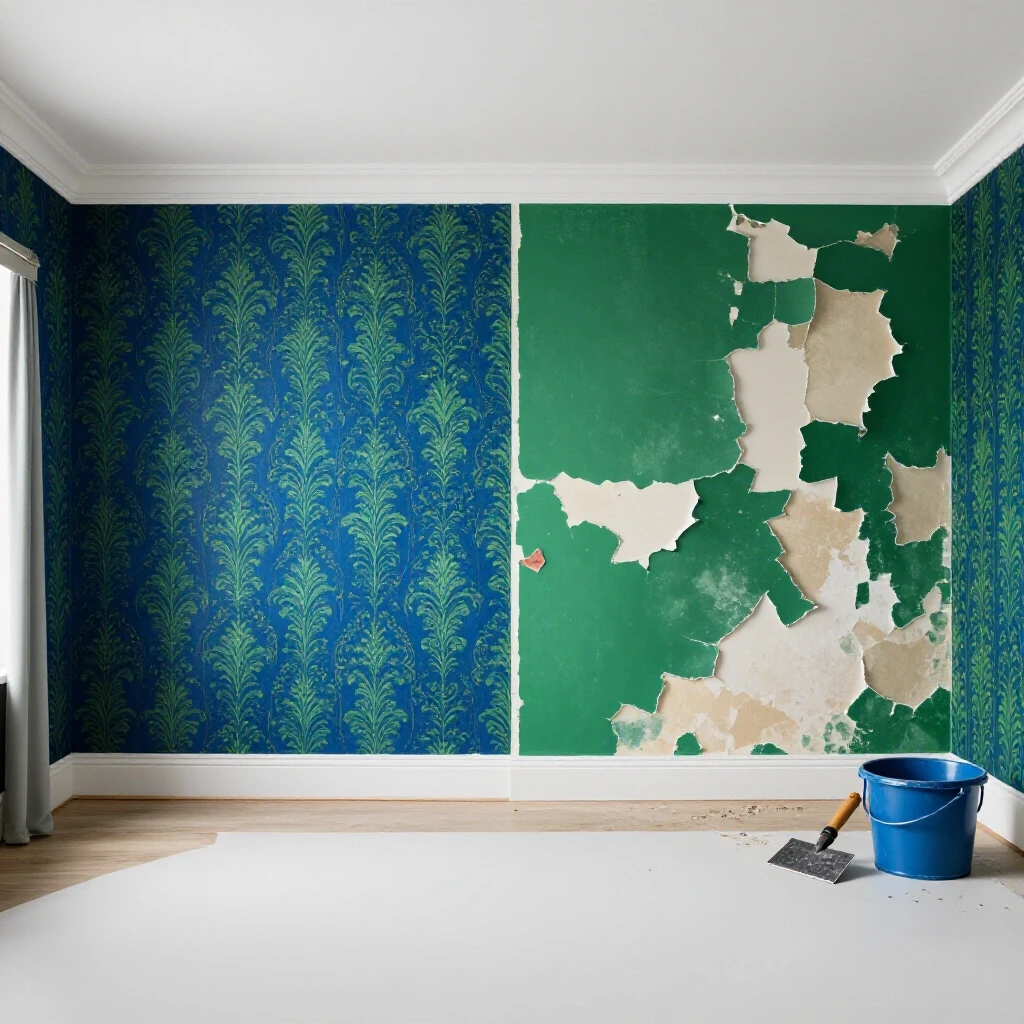A split image showing a stylish room with vibrant wallpaper on one side and peeling wallpaper alongside removal tools on the other.