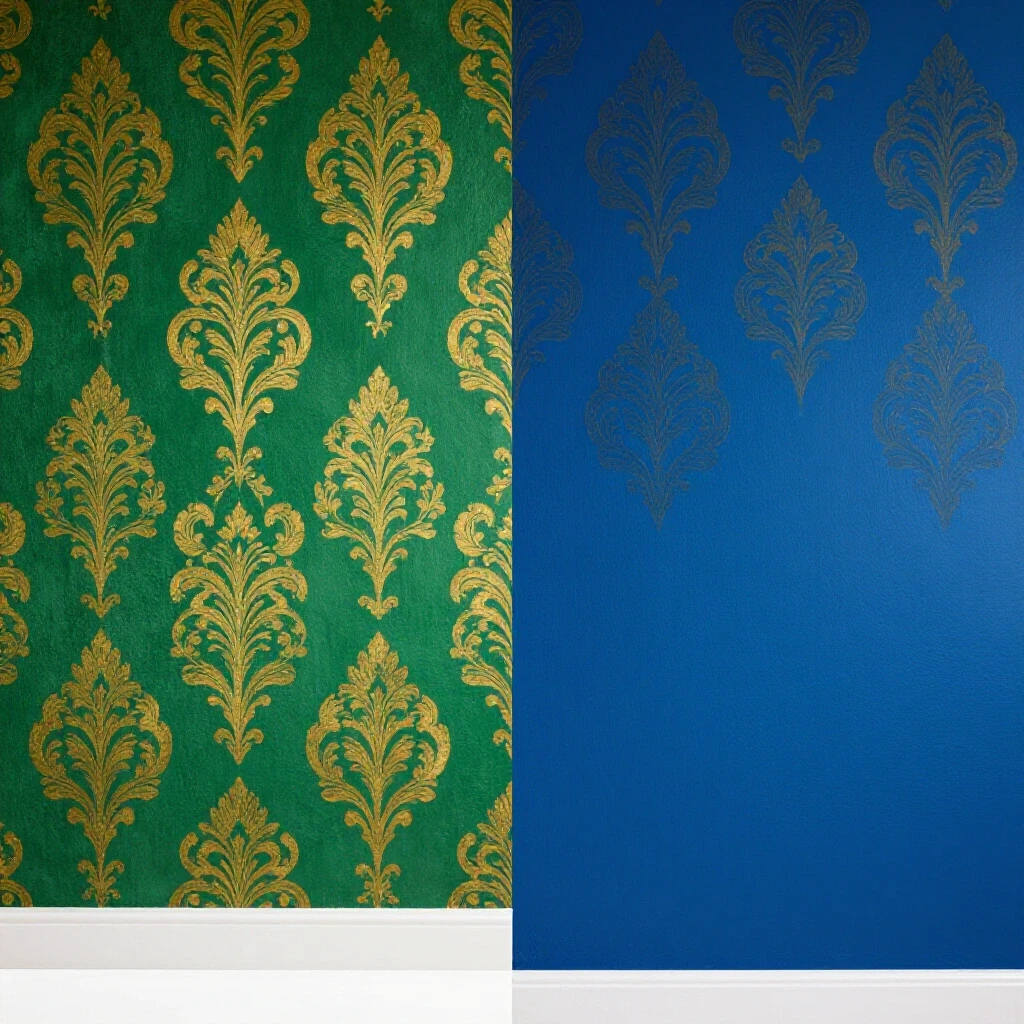 Split image comparing vibrant textured wallpaper and smooth matte painted wall, showcasing durability and contrasting colors.