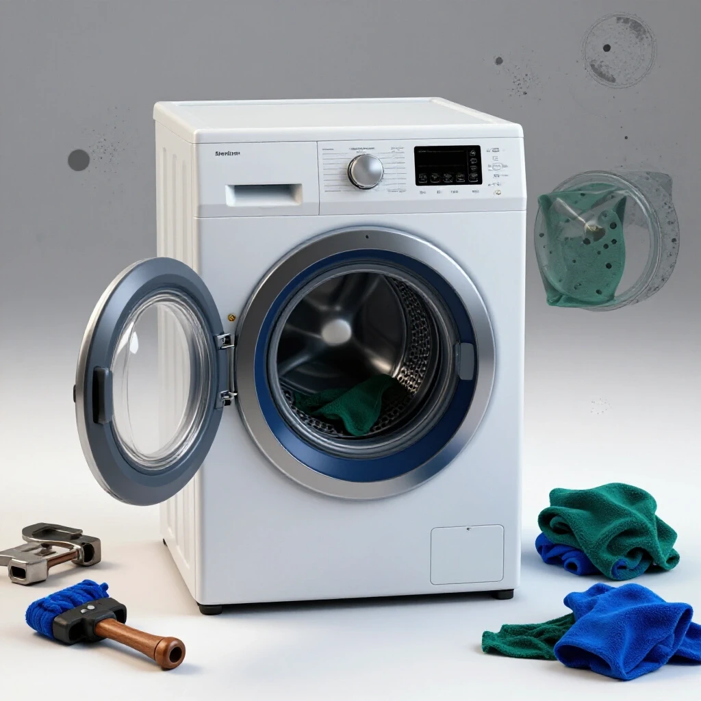 A partially disassembled washing machine surrounded by tools, set against a clean white background, showcasing rich colors and textures.