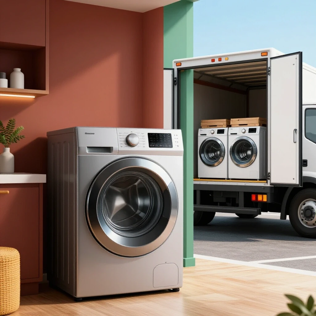 A stylish laundry room featuring a modern washer and dryer set contrasted with a delivery truck unloading appliances, capturing installation excitement.