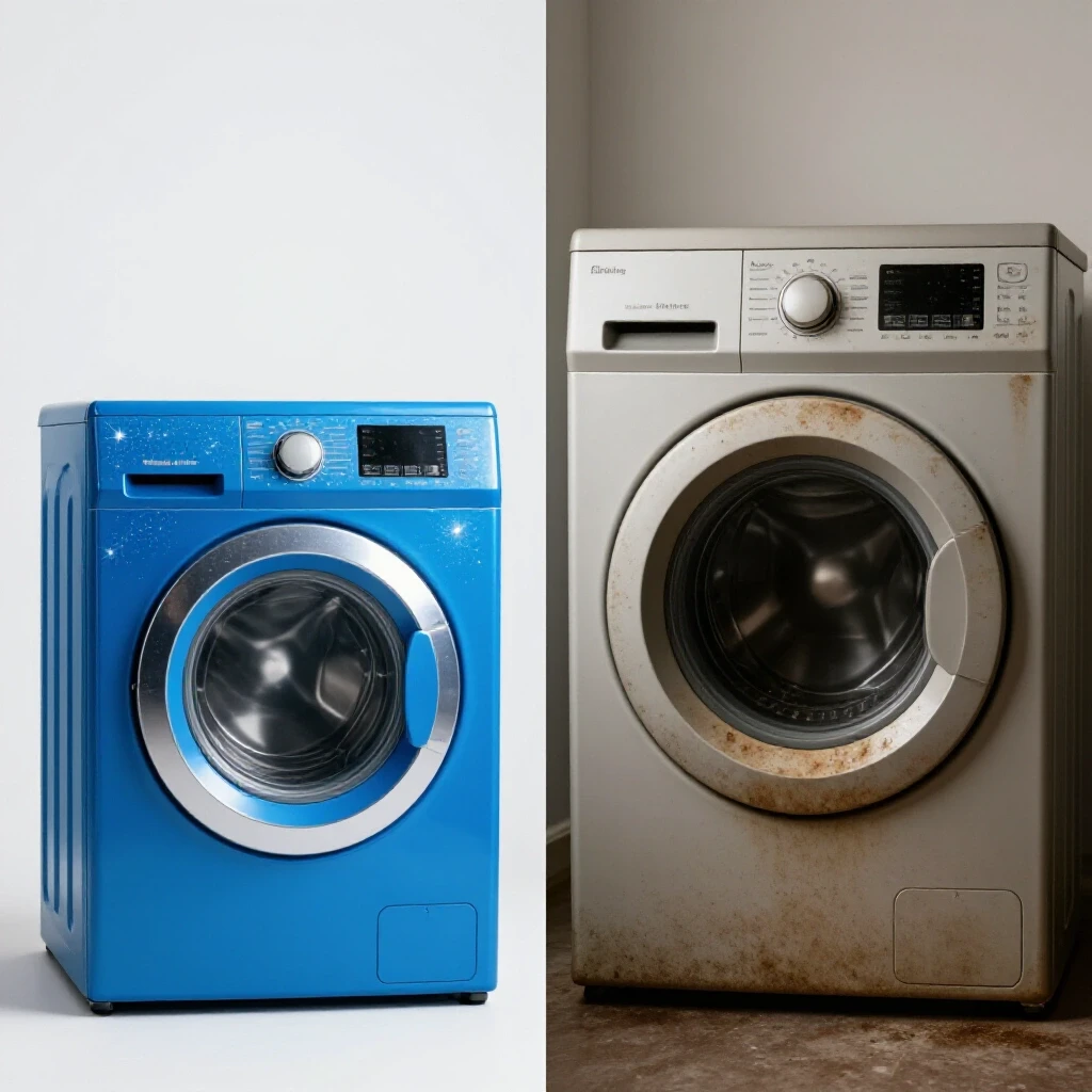 A split-screen image showing a shiny, clean washing machine beside a dirty, neglected one, highlighting maintenance contrast.