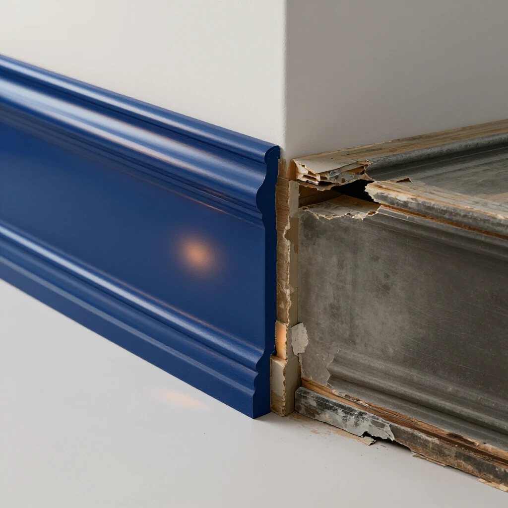 A split image showing a newly repaired baseboard in glossy royal blue contrasting with an old water-damaged baseboard.
