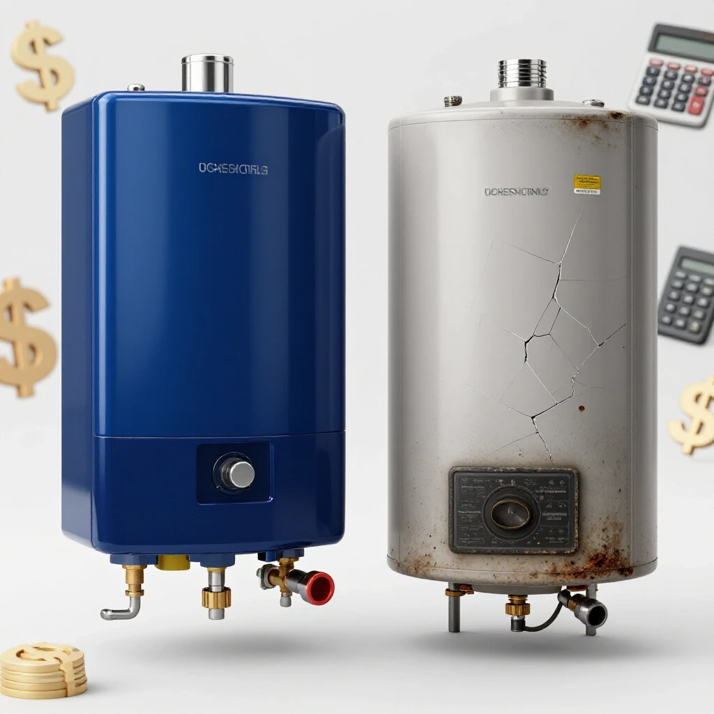 Comparison of a new shiny water heater and an old cracked one, representing replacement costs and hidden fees.