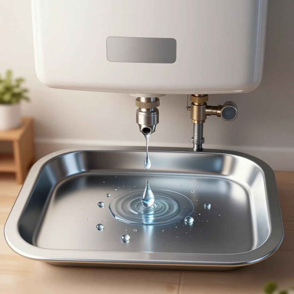 Close-up of a metallic water heater leak pan reflecting light, showcasing water droplets, set in a blurred cozy home interior.