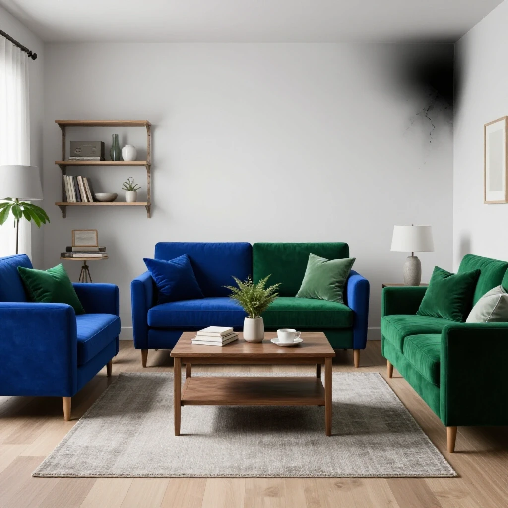 A vibrant living space split with a subtle depiction of water damage, illustrating the importance of moisture detection.