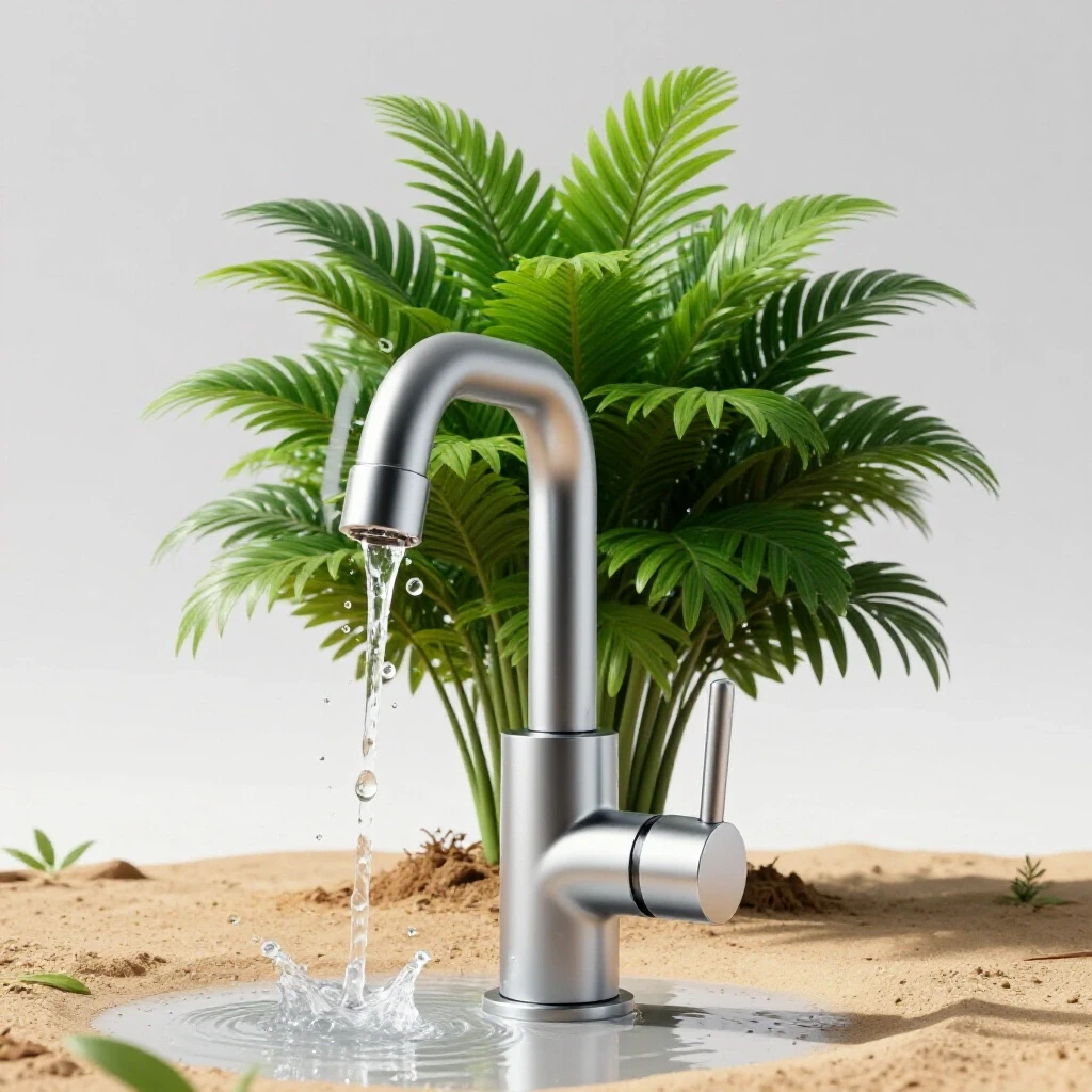 A modern faucet with water droplets in mid-air, set against a bright studio background with a thriving green plant.