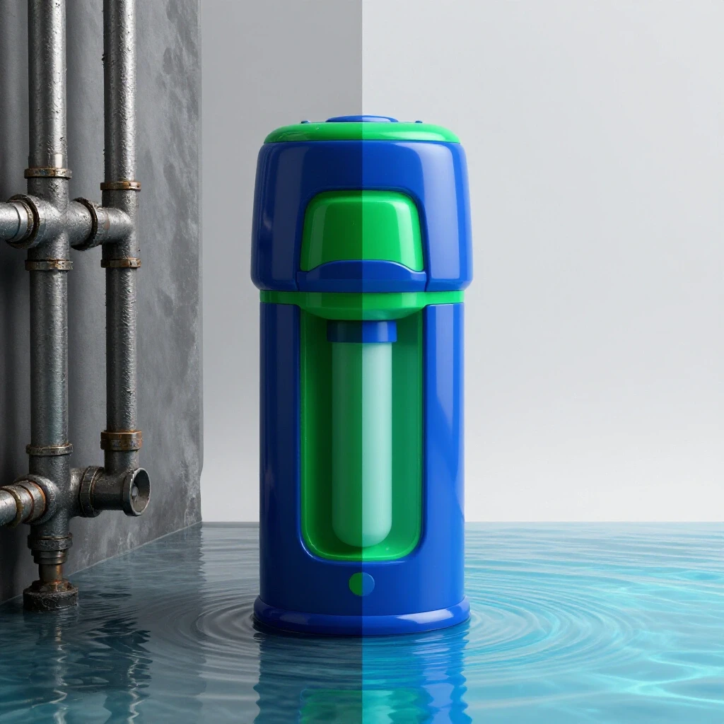 A vibrant split scene showing the contrast between dull hard water with limescale buildup and a sparkling clean space after water softening.