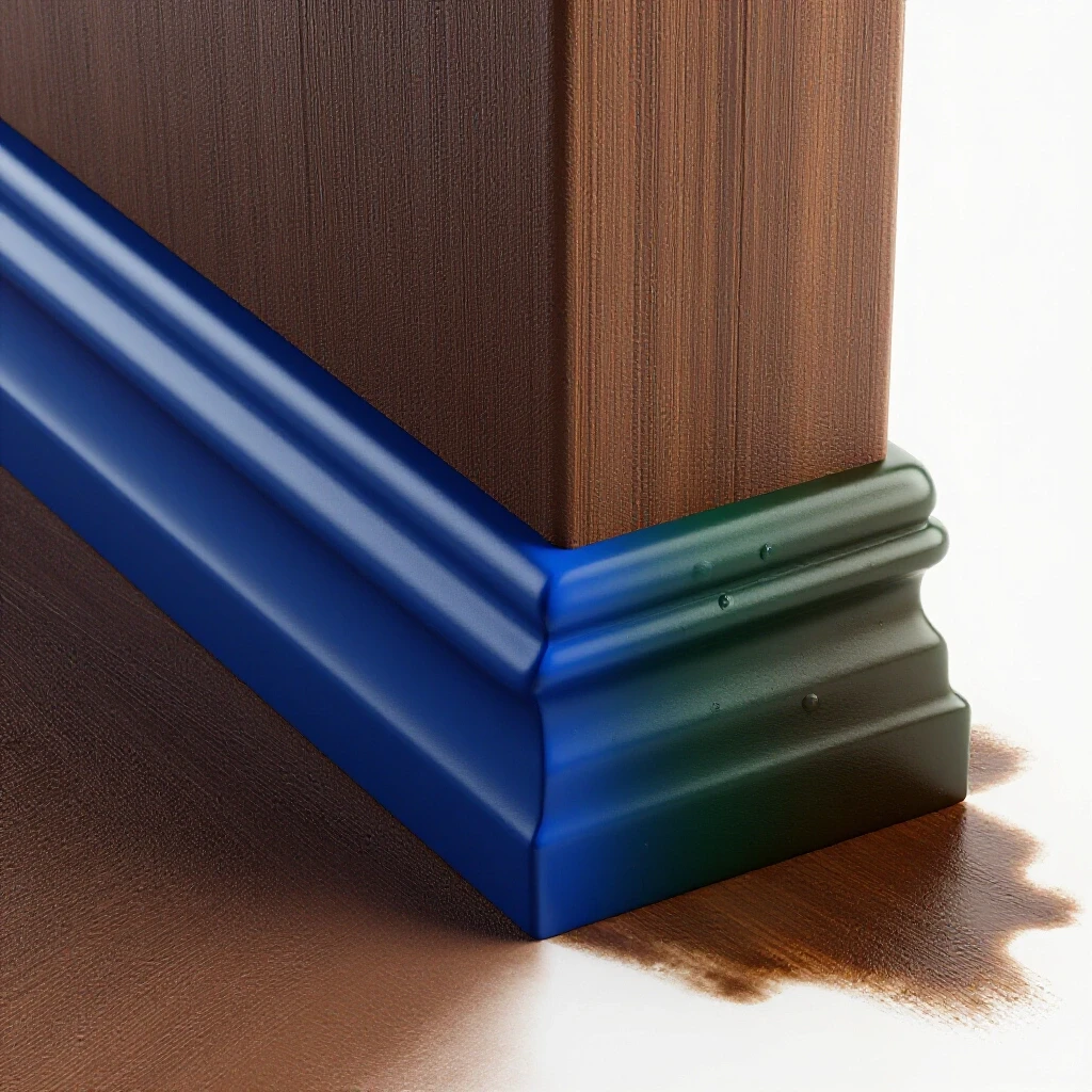 A contrasting image of a glossy baseboard next to a water-stained baseboard, highlighting the effects of water damage.