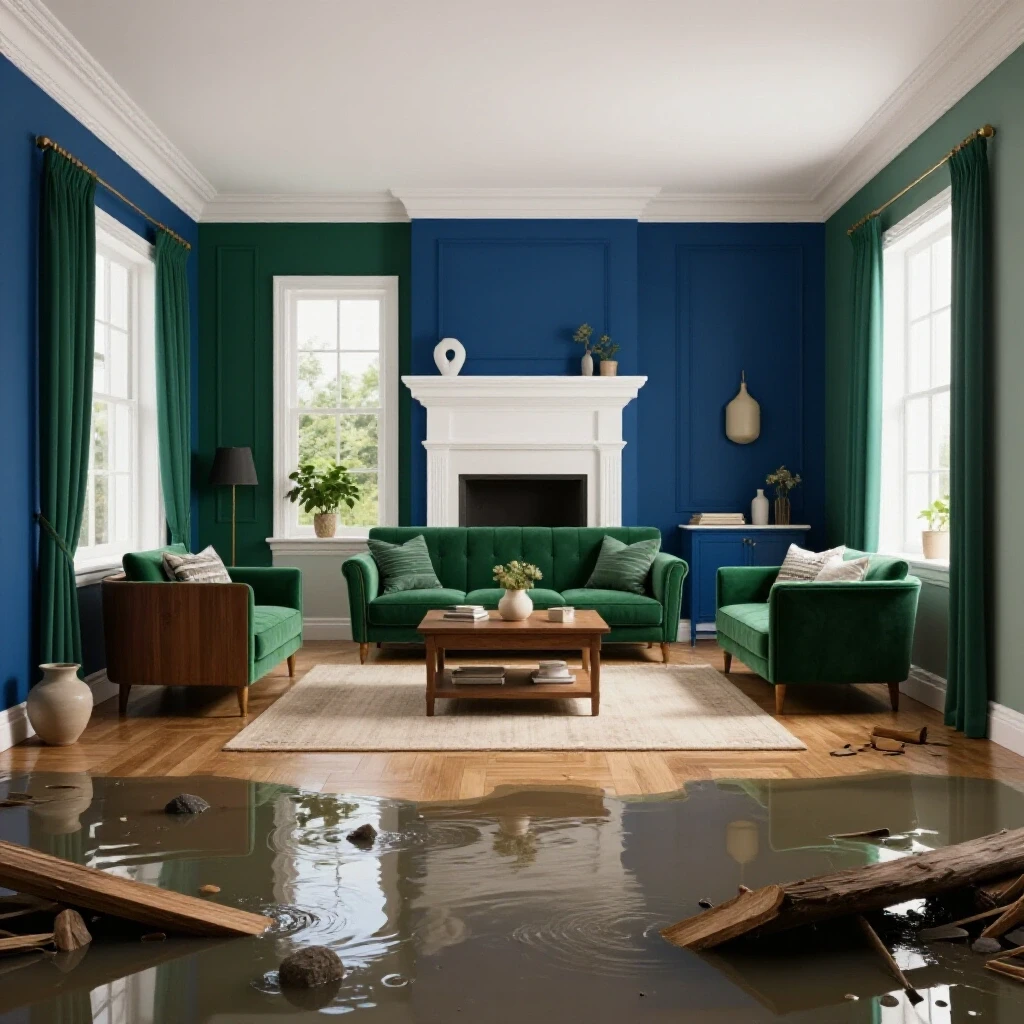 A contrasting scene showing a renovated bright home interior versus a dark and flooded basement, highlighting waterproofing impacts.