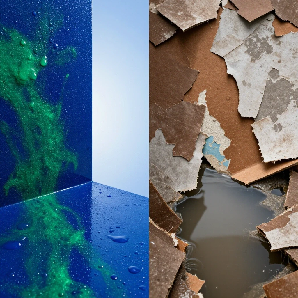 A split-image visual contrasting a beautifully waterproofed space with vibrant colors against a chaotic water-damaged scene.