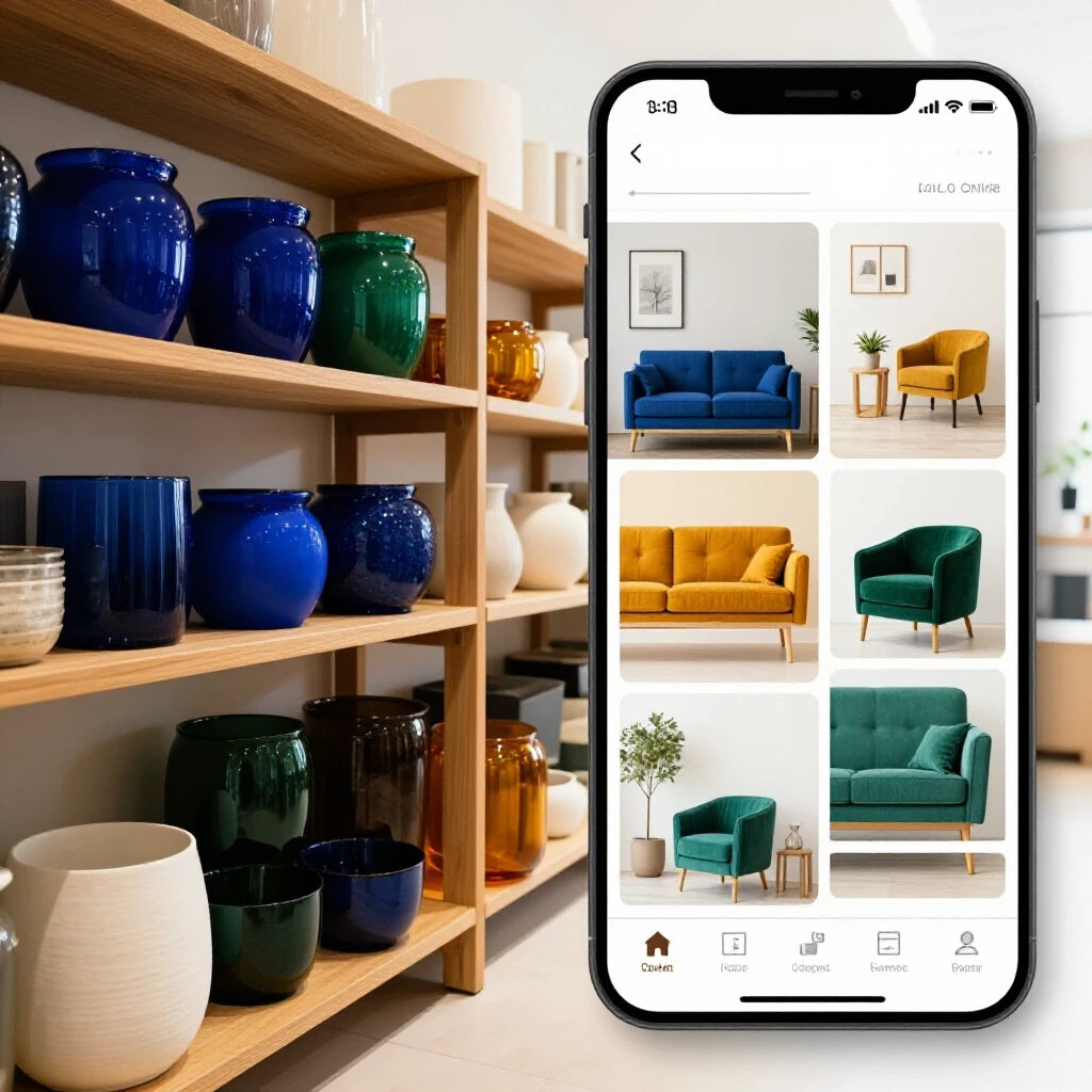 A split-image showing a local store with wooden decor products on one side and a modern online shopping interface on the other, highlighting return policy comparisons.