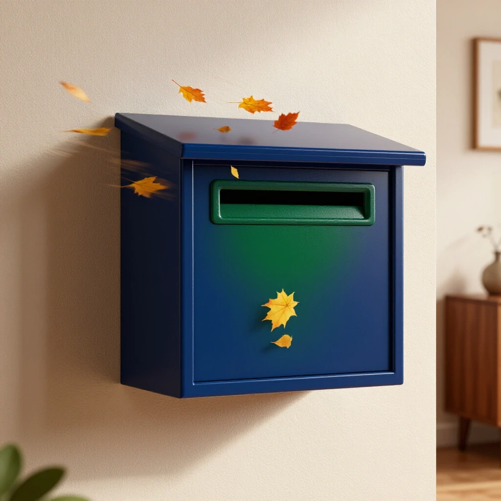 Cozy interior showcasing a sleek weatherproof mail slot with swirling autumn leaves outside.