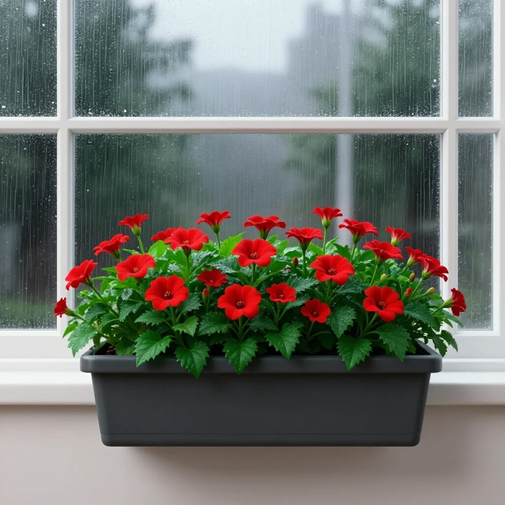 A vibrant window box filled with colorful flowers against a rain-soaked window, showcasing a contrast of beauty and weather.