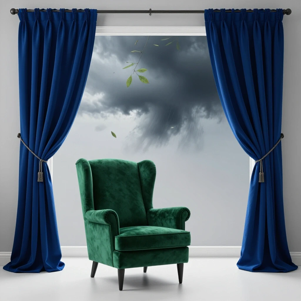 An inviting indoor space showing a cozy armchair and fluttering curtains against a stormy outdoor backdrop, illustrating weatherproofing.