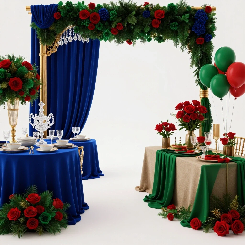 A visually striking wedding shower setup displaying opulent decor on one side and budget-friendly reusable decorations on the other side.