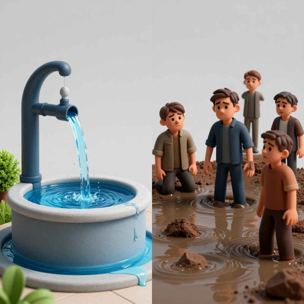 A captivating split scene contrasting serene clear water from a well with chaotic murky water and worried homeowners.