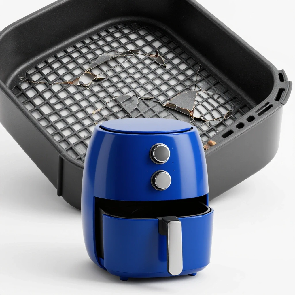 A vibrant royal blue air fryer in focus with a cracked cooking accessory in the background, illustrating wear and tear.