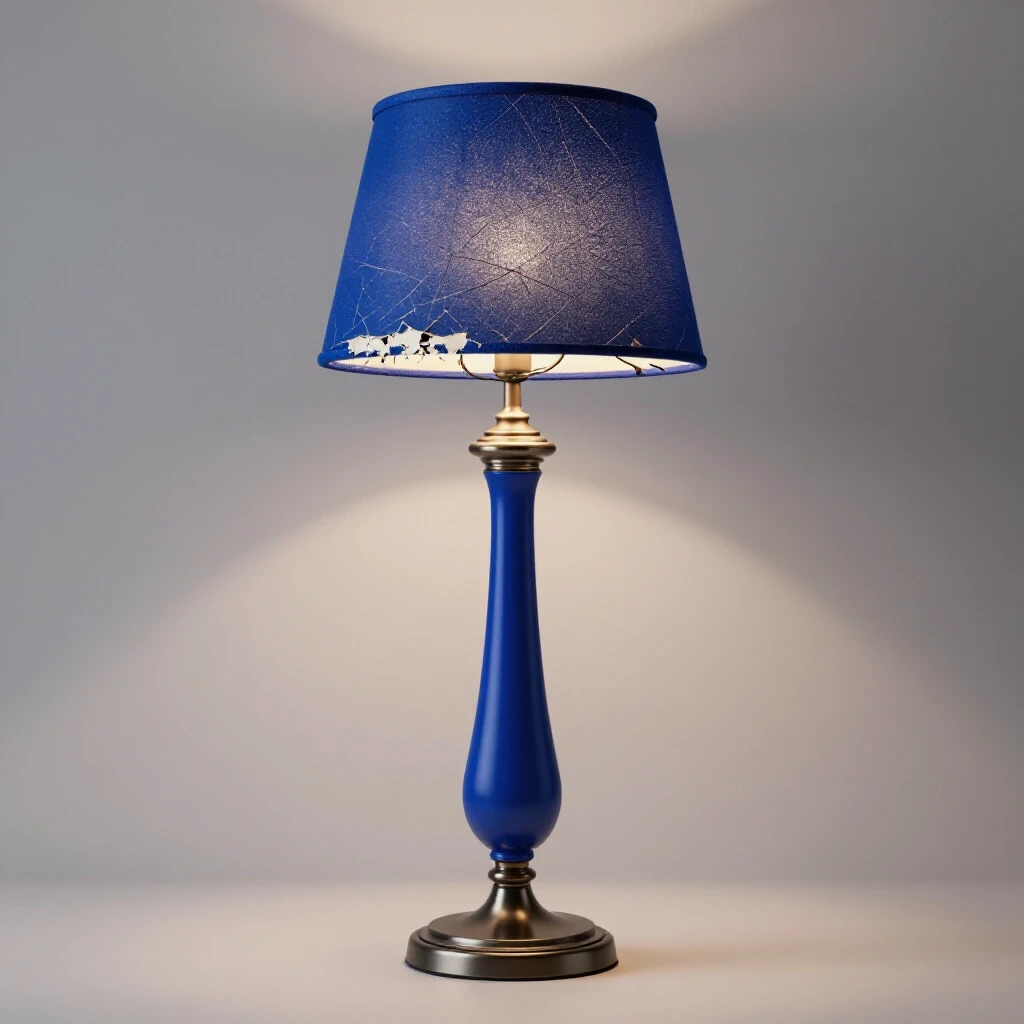 A stylish floor lamp with a cracked shade and exposed wiring, emphasizing aesthetics versus durability in a cozy setting.
