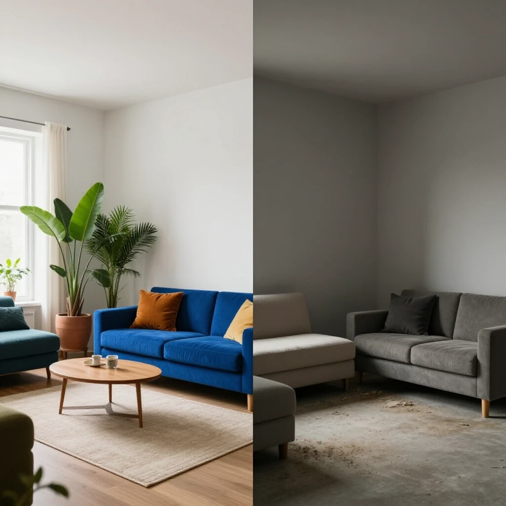 A comparison of a vibrant, well-decorated room and a cluttered, dusty space highlighting the importance of changing home filters.
