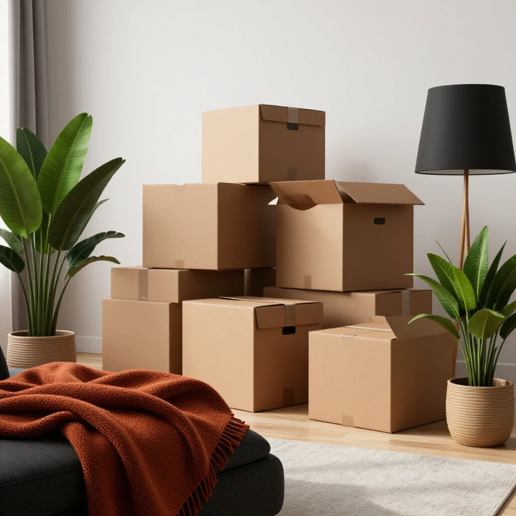 Stylish living space with essential items like a throw blanket and lamp, amidst unopened moving boxes.