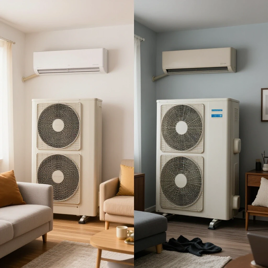 A split-image showing a cozy living room with a modern HVAC unit contrasted with a cluttered space featuring an outdated system.
