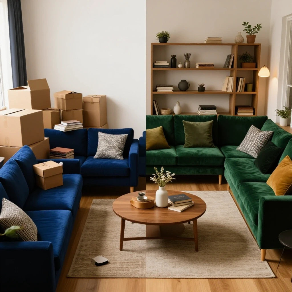 A split image of a living room; one side messy with unpacked boxes and the other side beautifully decorated, demonstrating a home transition.