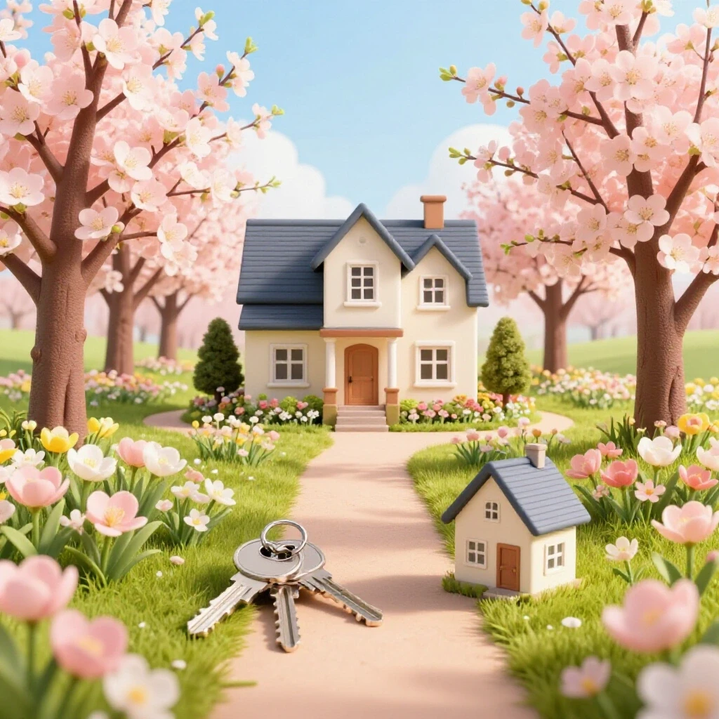 A cozy home surrounded by vibrant spring flowers and symbols of home-buying, set in a bright landscape.