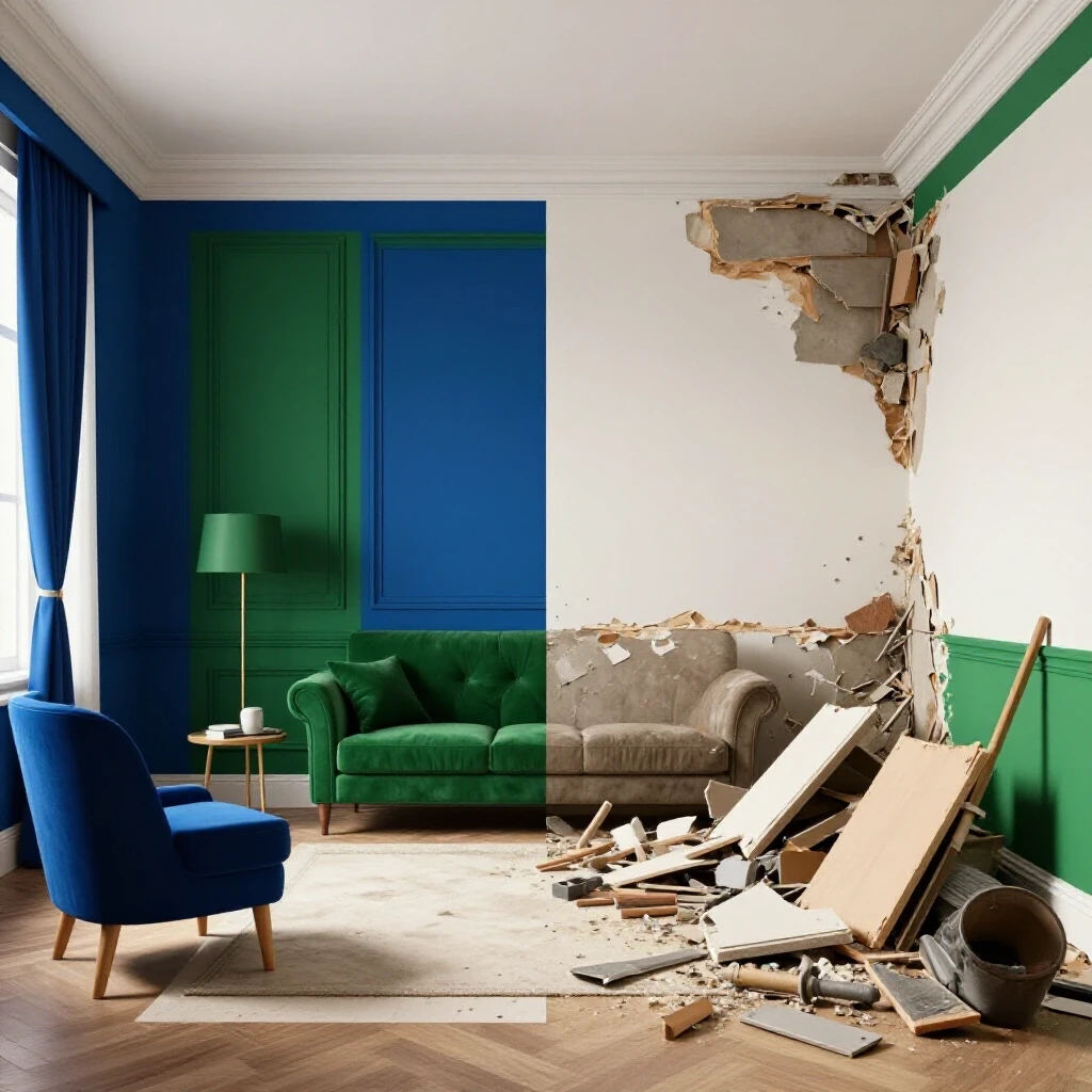 A split image showing a stylish, open room on one side and a cluttered renovation site on the other, representing wall removal.