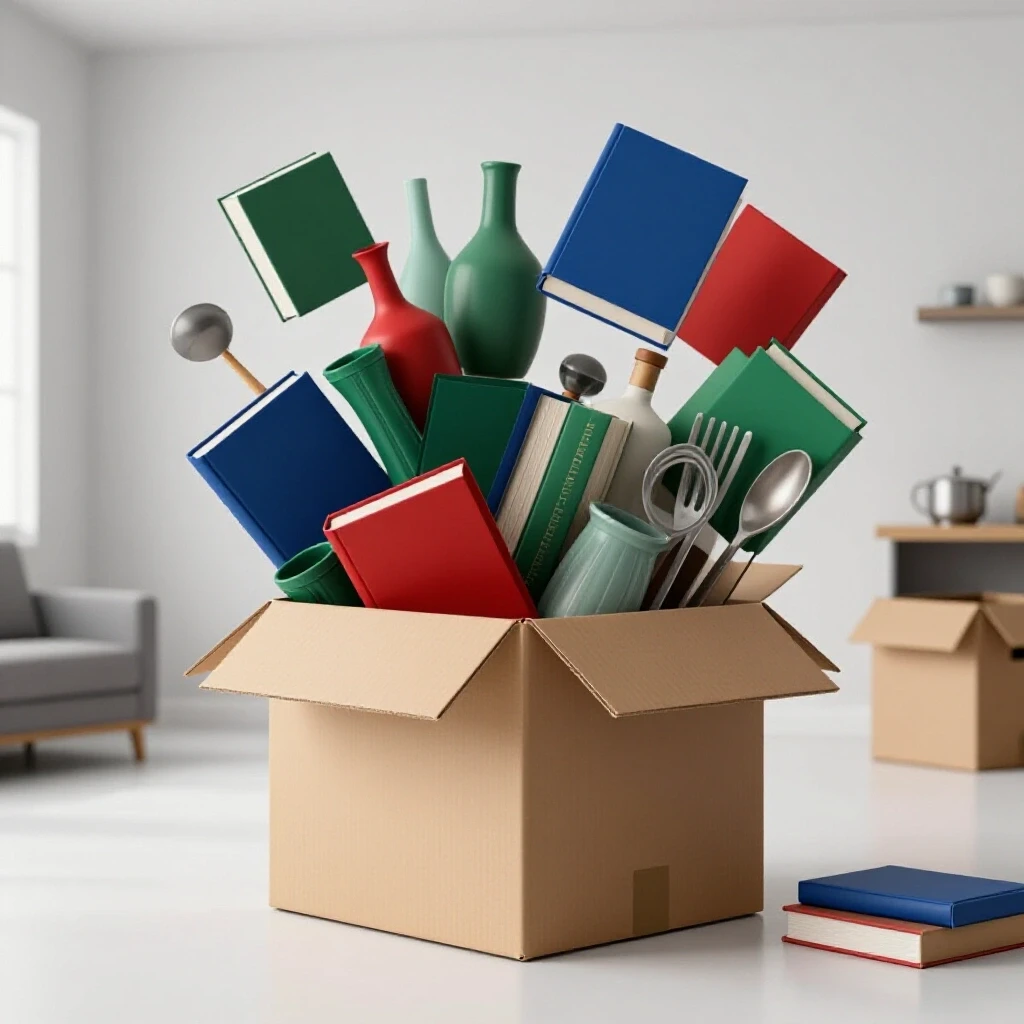 An overflowing moving box spilling colorful items in a bright, organized room, symbolizing packing chaos versus decluttering calm.
