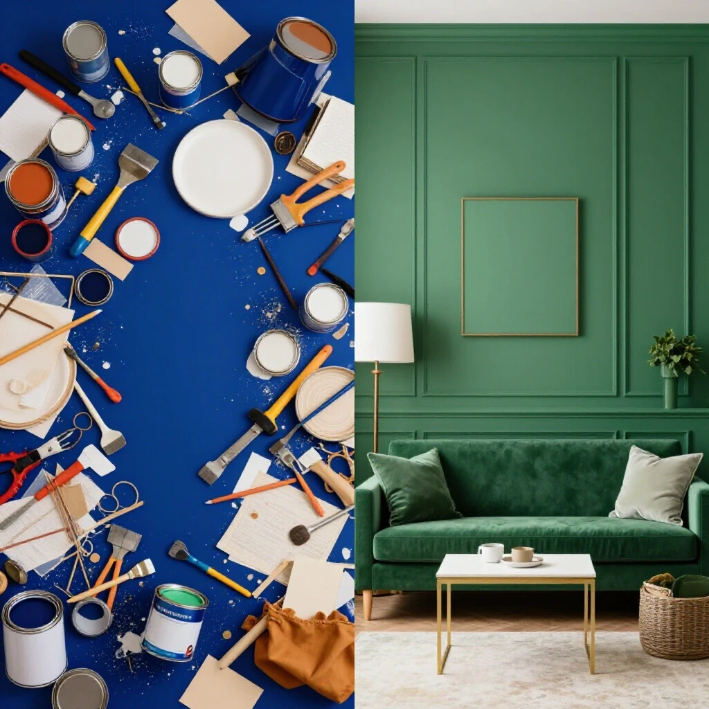 Split-image showing a cluttered DIY project on one side and an organized home decor space on the other, highlighting transformation.
