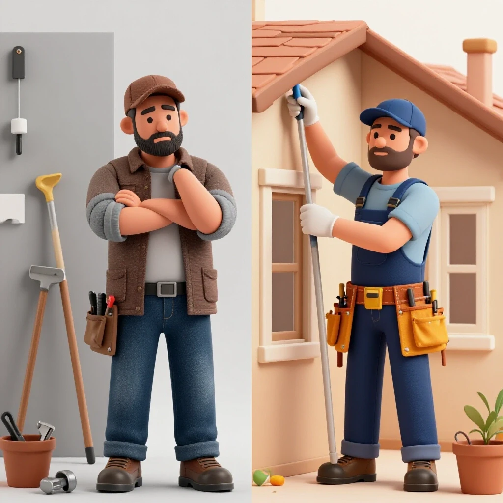 Split image showing a weary homeowner amidst unfinished repairs and a confident handyman fixing a home, illustrating the choice to hire professionals.