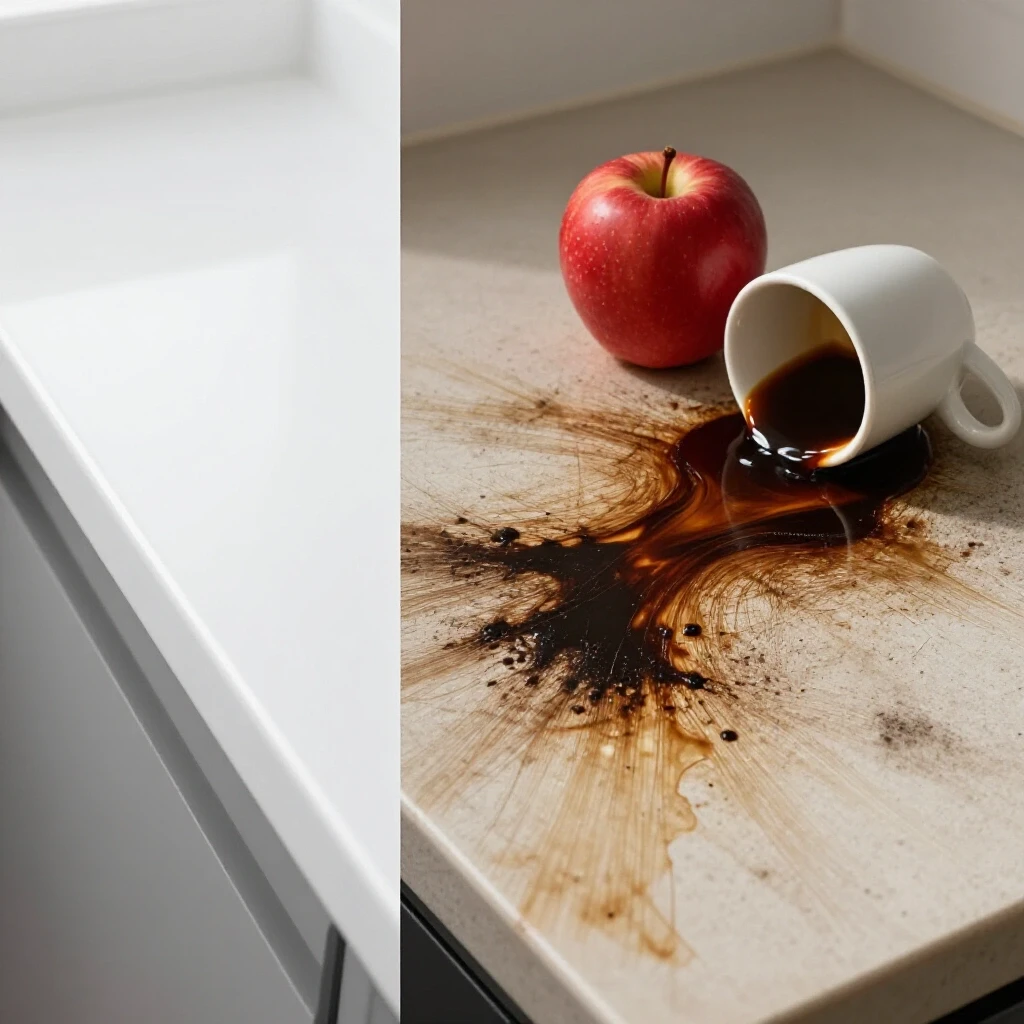 A split-image of a glossy white countertop contrasted with a stained version showing spills, highlighting durability and maintenance.